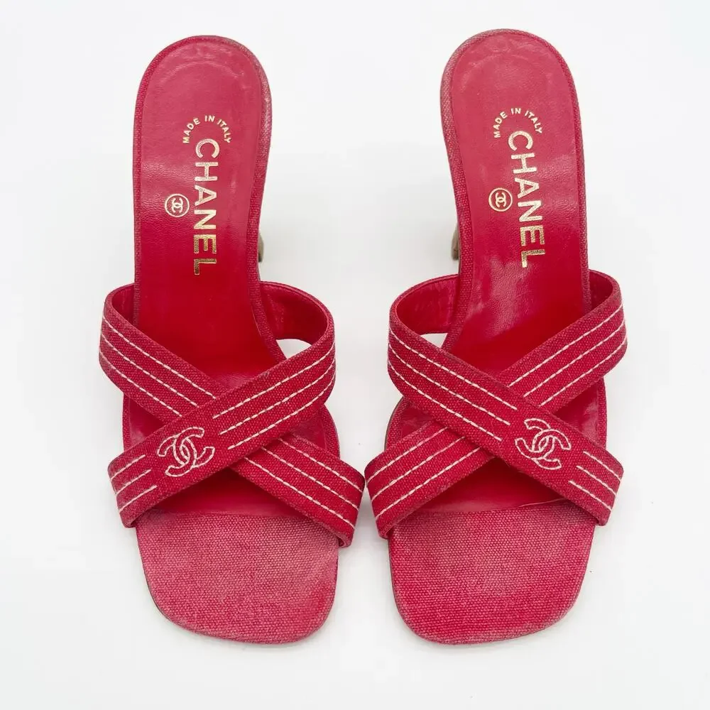 Chanel Vintage Red Canvas CC Nautical Cross Strap Slide Mule Sandal Heels EU 38